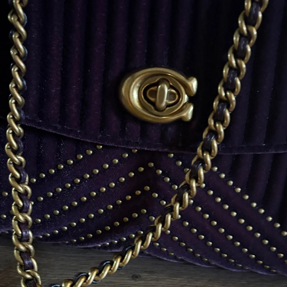 Coach Purple Velvet Quilted Crossbody with Gold Chain - Picture 4 of 12